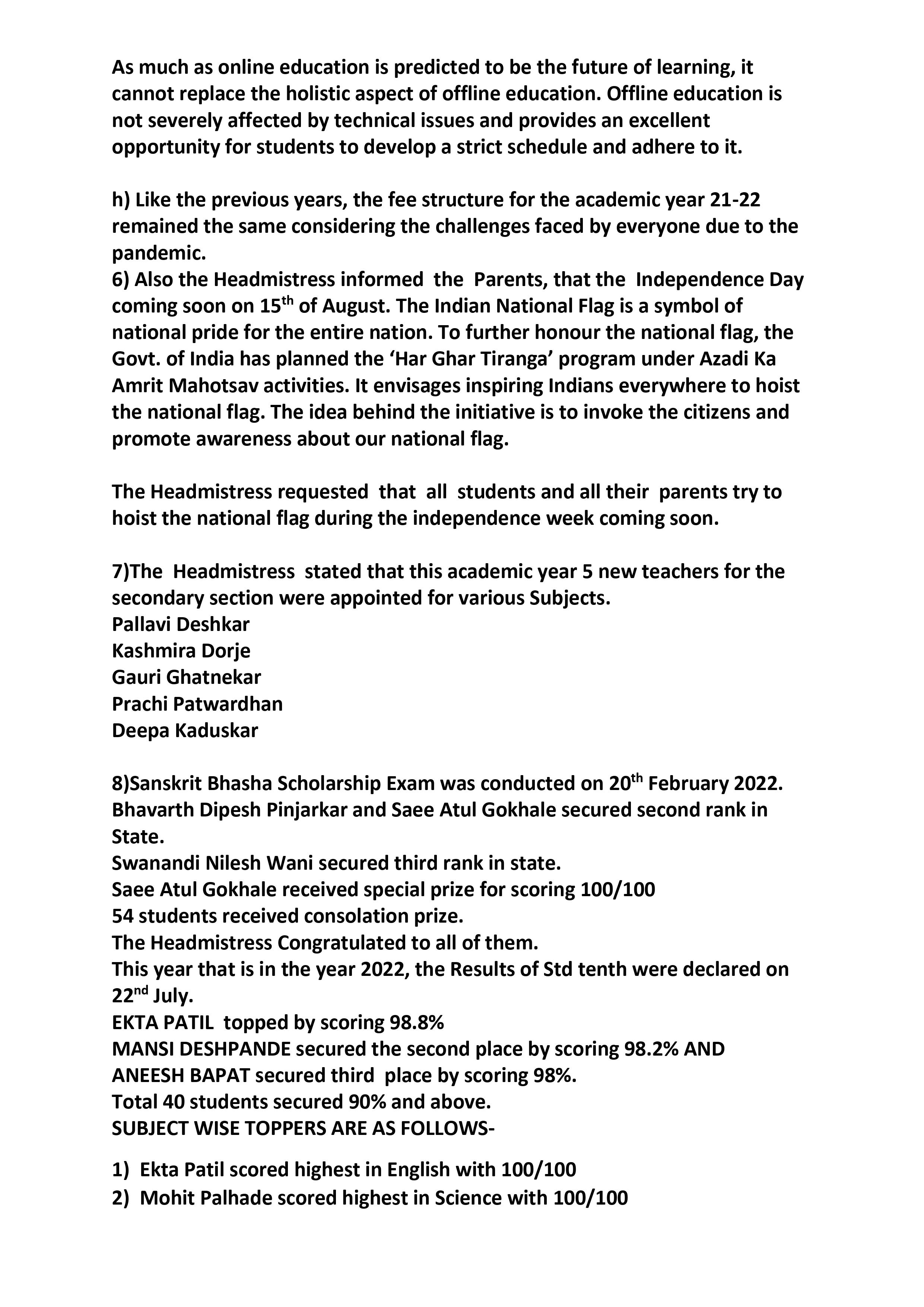 Minutes of the General Body Meeting Secondary