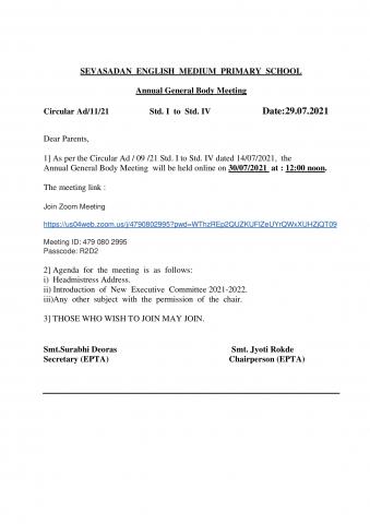 Circular Ad-11-21 std.1 - 4 Link for General Body Meeting 30.07.21