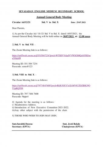 Circular Ad-12-21   std.5 - 10 Link for General Body Meeting 30.07.21