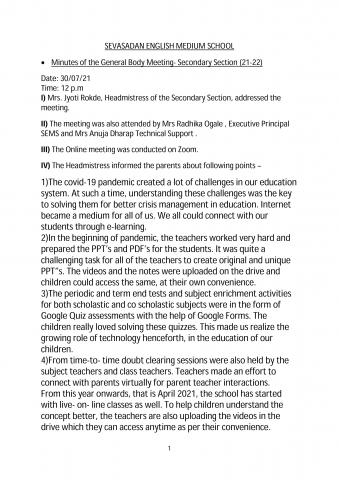 General Body Meeting 2021-2022 Secondary Section