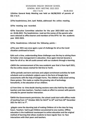 Minutes of the General Body Meeting Secondary