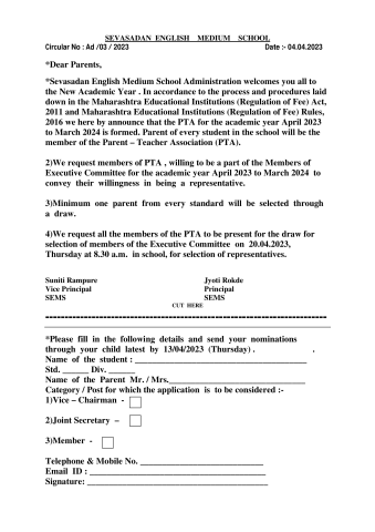 Formation of Executive Committee 2023-24 (STD. I TO STD. X)