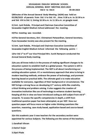 Minutes of General Body Meeting Std. V to VII & Std. VIII to X