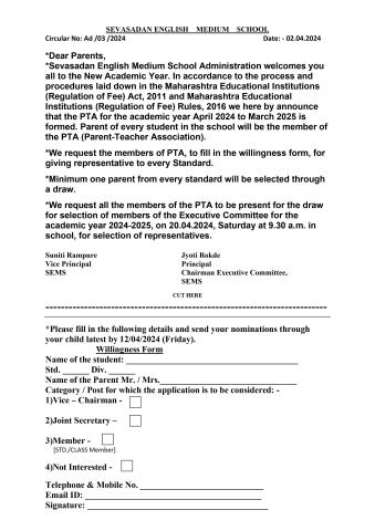 Formation of Executive Committee 2024-25 (STD. I TO STD. X)