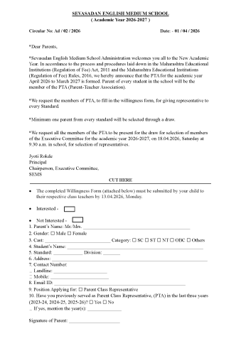 Circular No Ad-02-2026 Parent Teacher Association Formation Form ( Pre Primary)